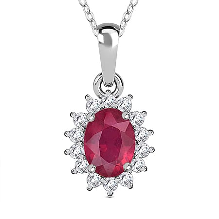 African Ruby July Birthstone and Natural Zircon Halo Pendant with Chain (Size - 20) in Platinum Overlay Sterling Silver