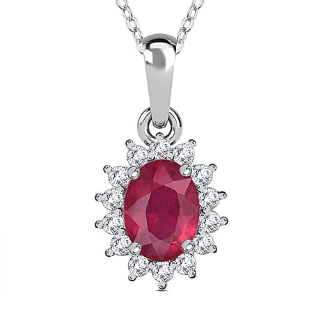 African Ruby and Natural Zircon Halo Pendant with Chain (Size - 20) in Platinum Overlay Sterling Silver 1.36 Ct