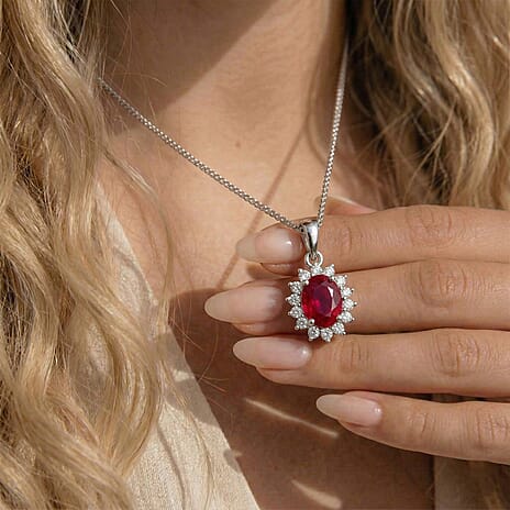 African Ruby and Natural Zircon Halo Pendant with Chain (Size - 20) in Platinum Overlay Sterling Silver 1.36 Ct