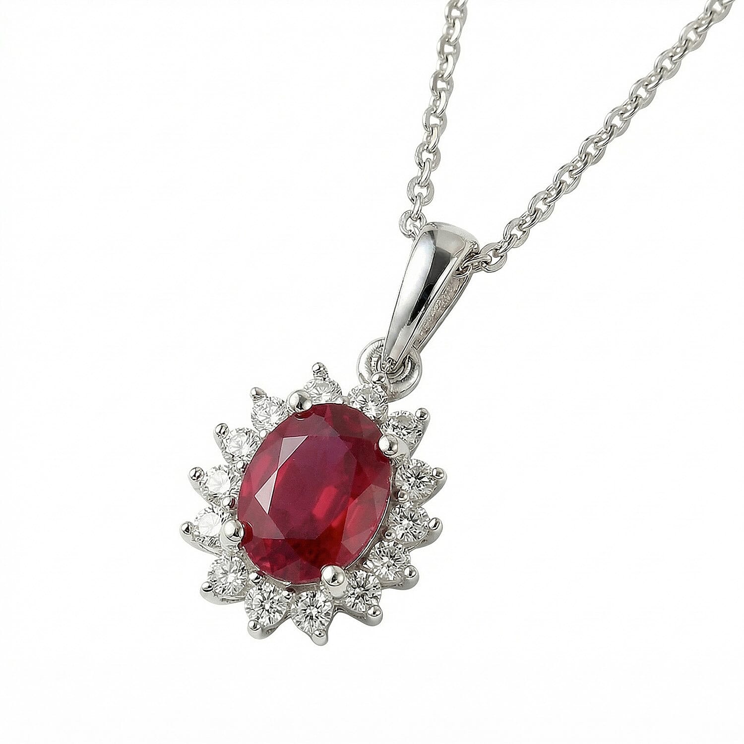 African Ruby and Natural Zircon Halo Pendant with Chain (Size - 20) in Platinum Overlay Sterling Silver 1.36 Ct