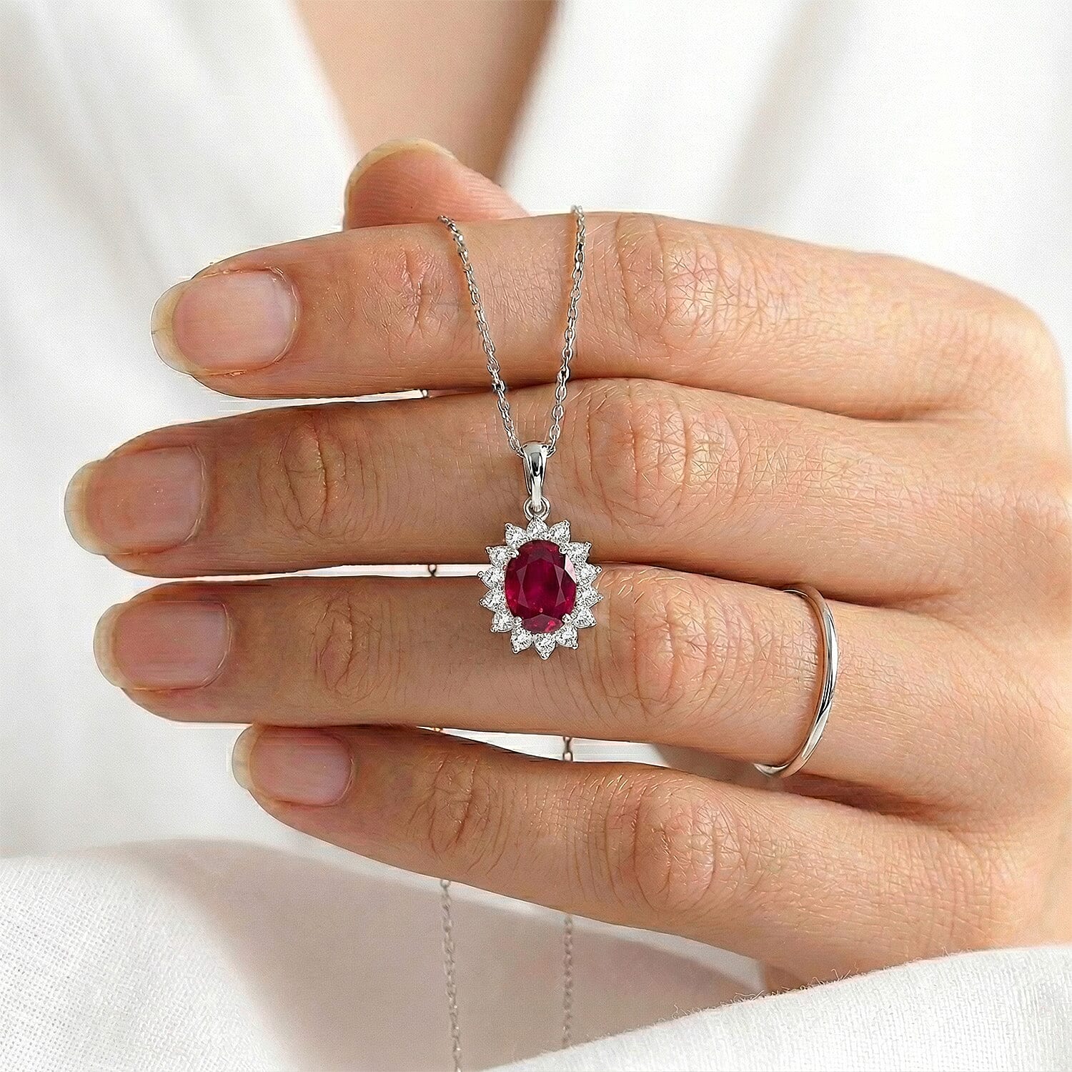 African Ruby and Natural Zircon Halo Pendant with Chain (Size - 20) in Platinum Overlay Sterling Silver 1.36 Ct