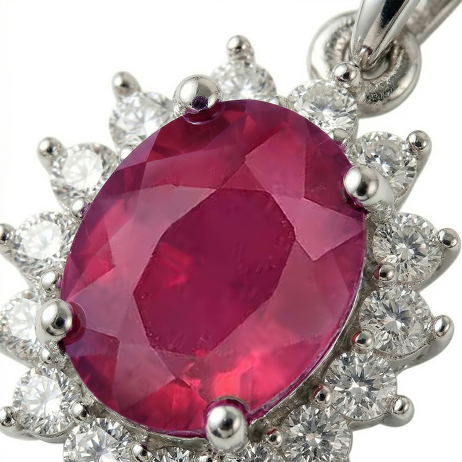 African Ruby and Natural Zircon Halo Pendant with Chain (Size - 20) in Platinum Overlay Sterling Silver 1.36 Ct
