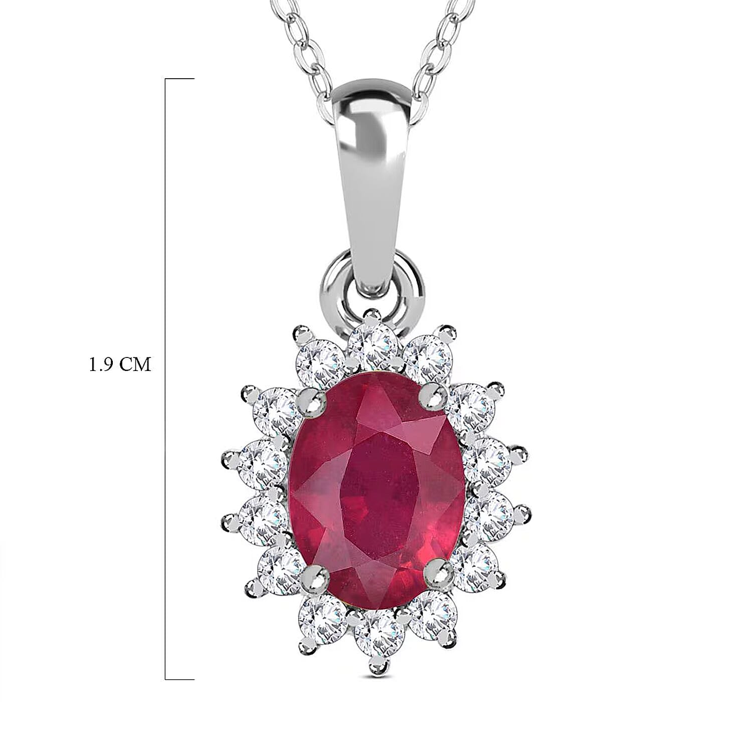 African Ruby and Natural Zircon Halo Pendant with Chain (Size - 20) in Platinum Overlay Sterling Silver 1.36 Ct
