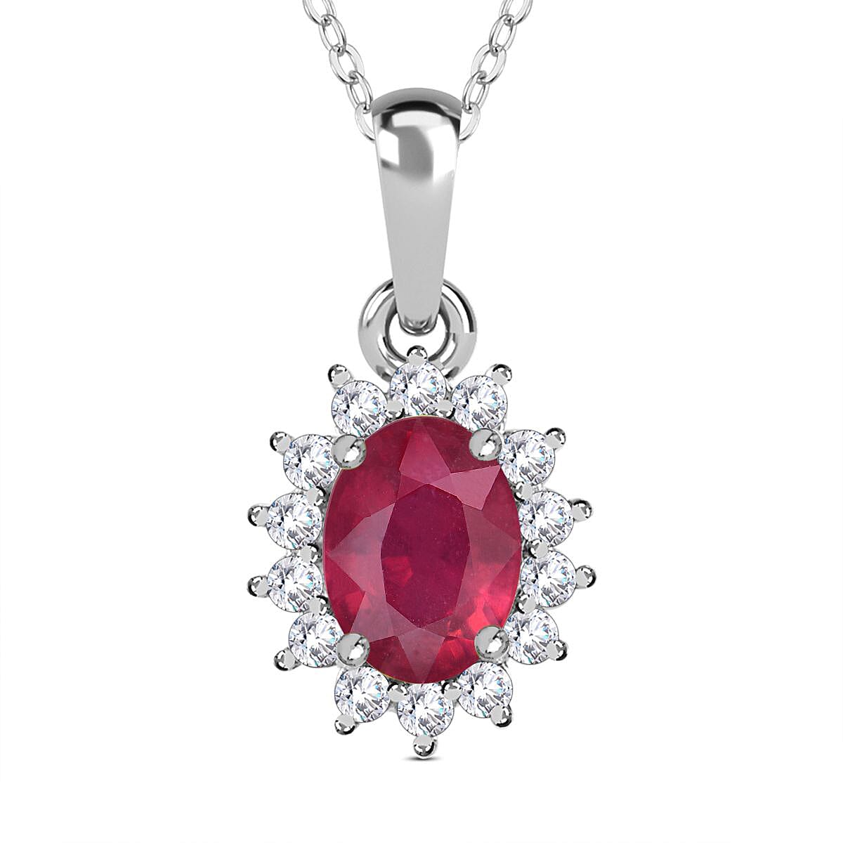 African Ruby and Natural Zircon Halo Pendant with Chain (Size - 20) in Platinum Overlay Sterling Silver 1.36 Ct