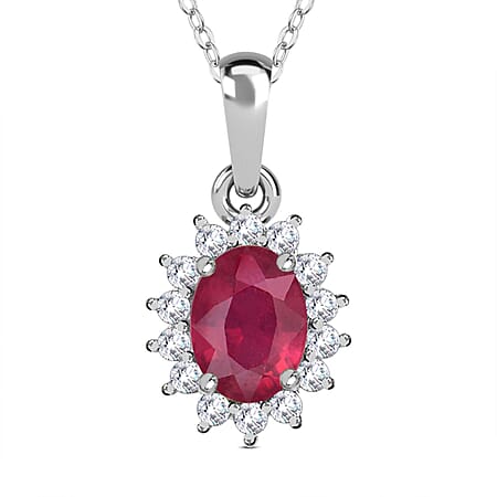 African Ruby July Birthstone and Natural Zircon Halo Pendant with Chain (Size - 20) in Platinum Overlay Sterling Silver