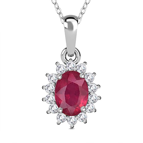 African Ruby and Natural Zircon Halo Pendant with Chain (Size - 20) in Platinum Overlay Sterling Silver 1.36 Ct
