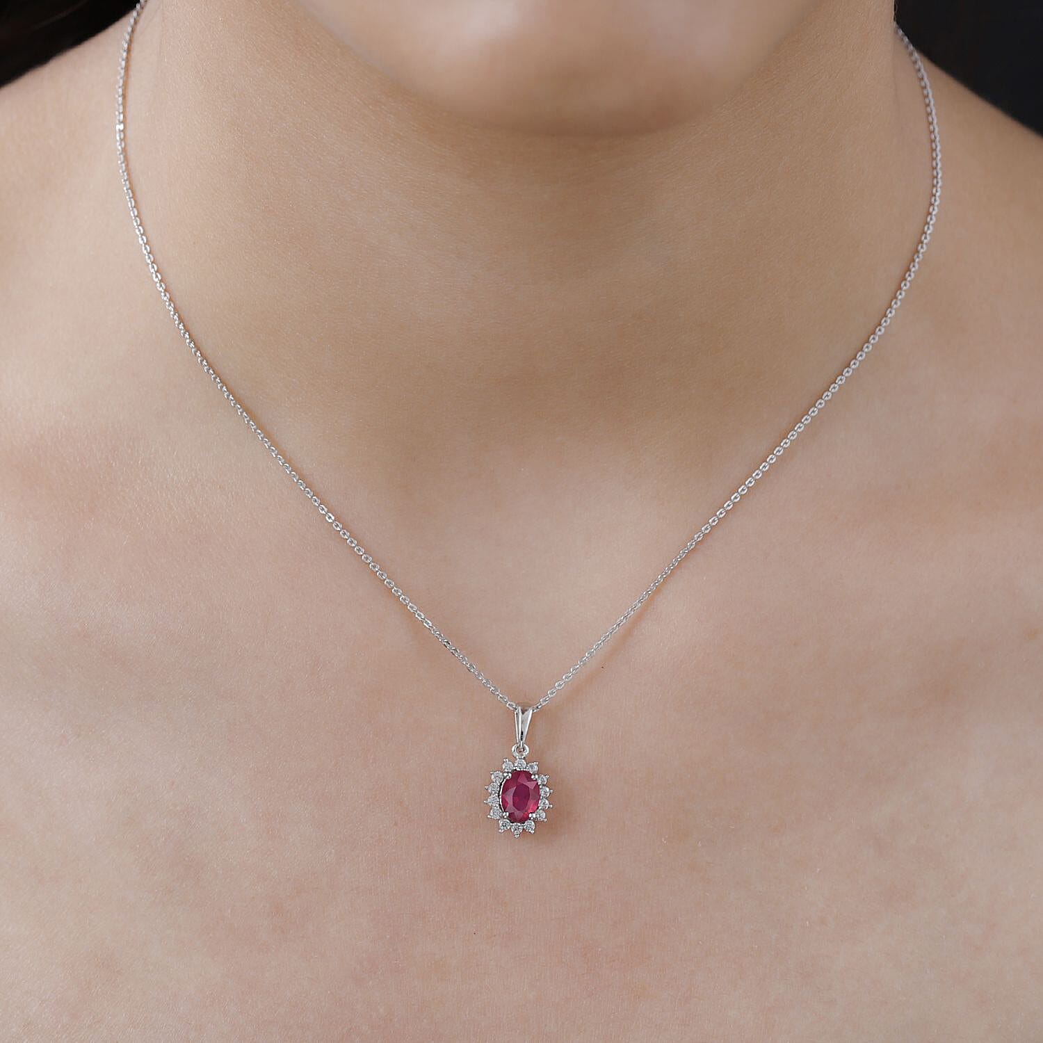 African Ruby and Natural Zircon Halo Pendant with Chain (Size - 20) in Platinum Overlay Sterling Silver 1.36 Ct