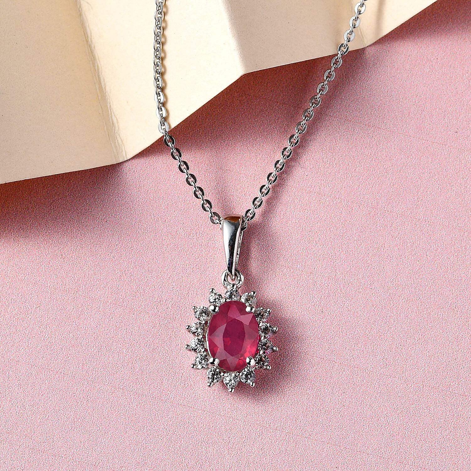 African Ruby and Natural Zircon Halo Pendant with Chain (Size - 20) in Platinum Overlay Sterling Silver 1.36 Ct