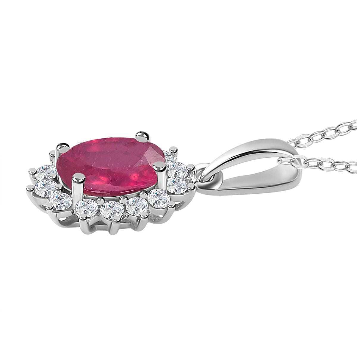 African Ruby and Natural Zircon Halo Pendant with Chain (Size - 20) in Platinum Overlay Sterling Silver 1.36 Ct