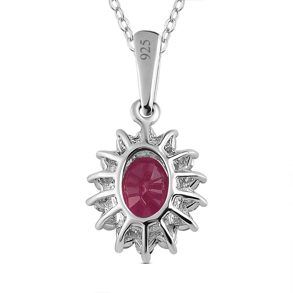 African Ruby and Natural Zircon Halo Pendant with Chain (Size - 20) in Platinum Overlay Sterling Silver 1.36 Ct