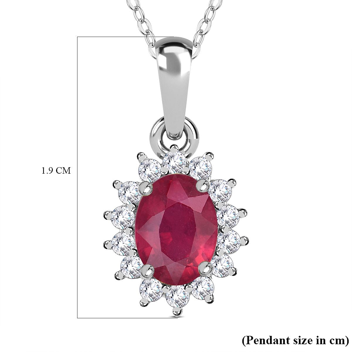 African Ruby and Natural Zircon Halo Pendant with Chain (Size - 20) in Platinum Overlay Sterling Silver 1.36 Ct