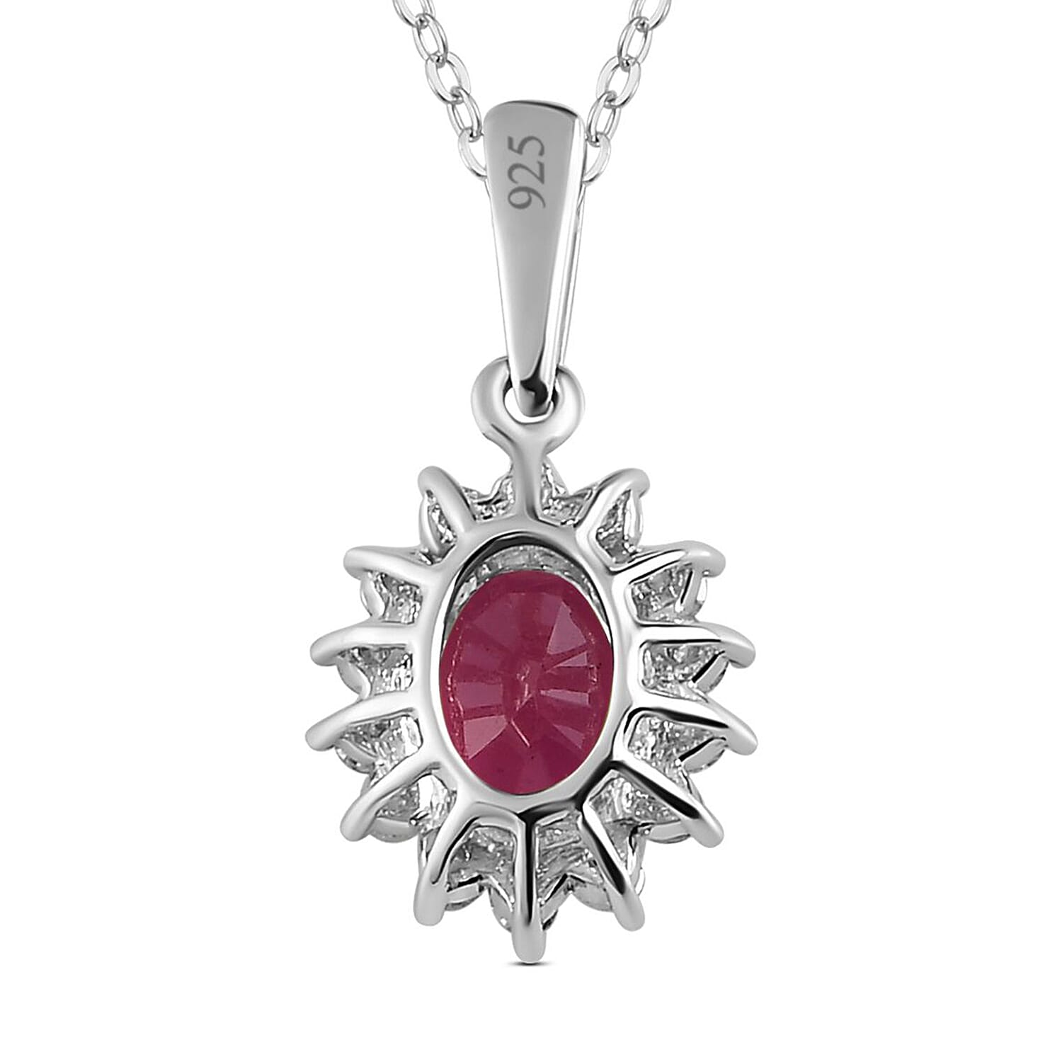 African Ruby and Natural Zircon Halo Pendant with Chain (Size - 20) in Platinum Overlay Sterling Silver 1.36 Ct