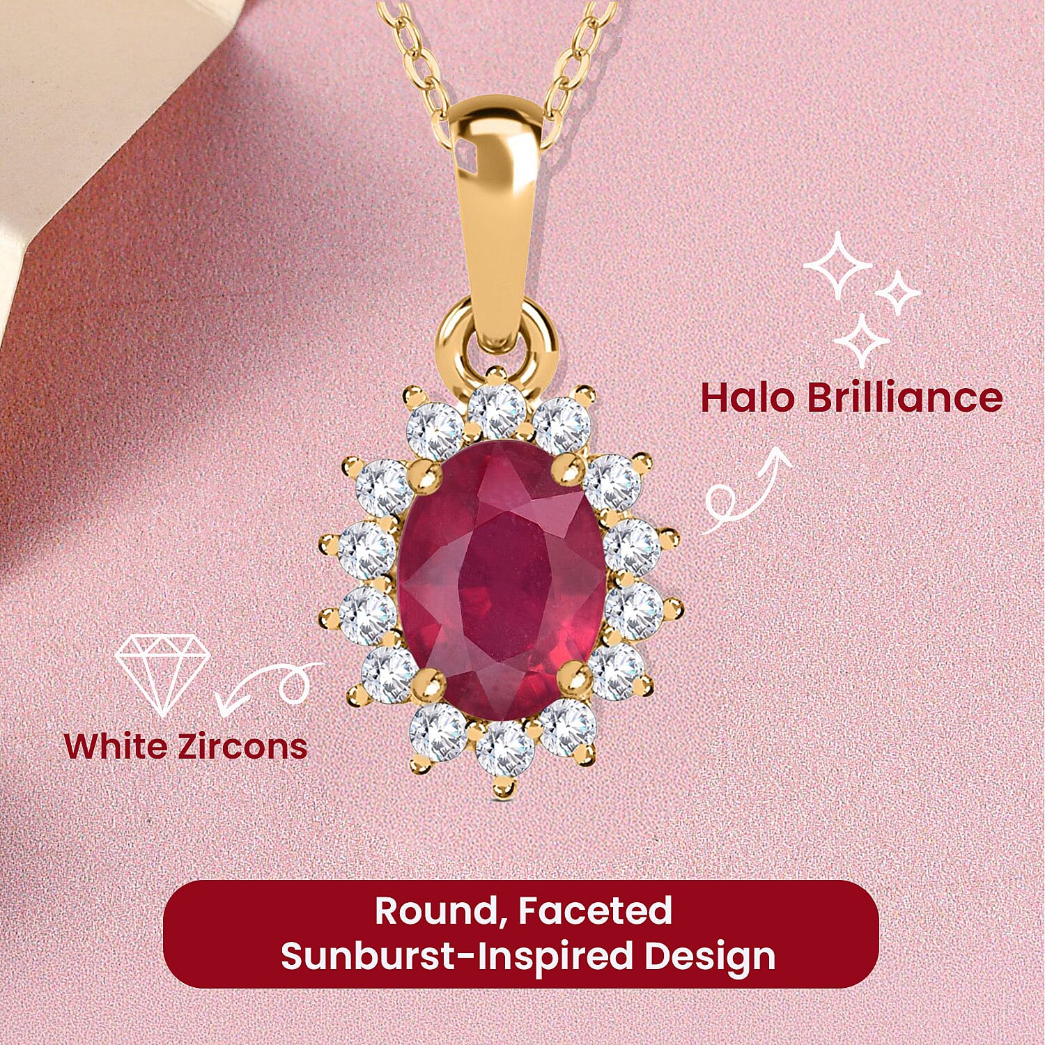 African Ruby (FF) and Natural Cambodian Zircon Pendant with Chain (Size -  20) in 18K Vermeil Yellow Gold Plated Sterling Silver 1.610 Ct.