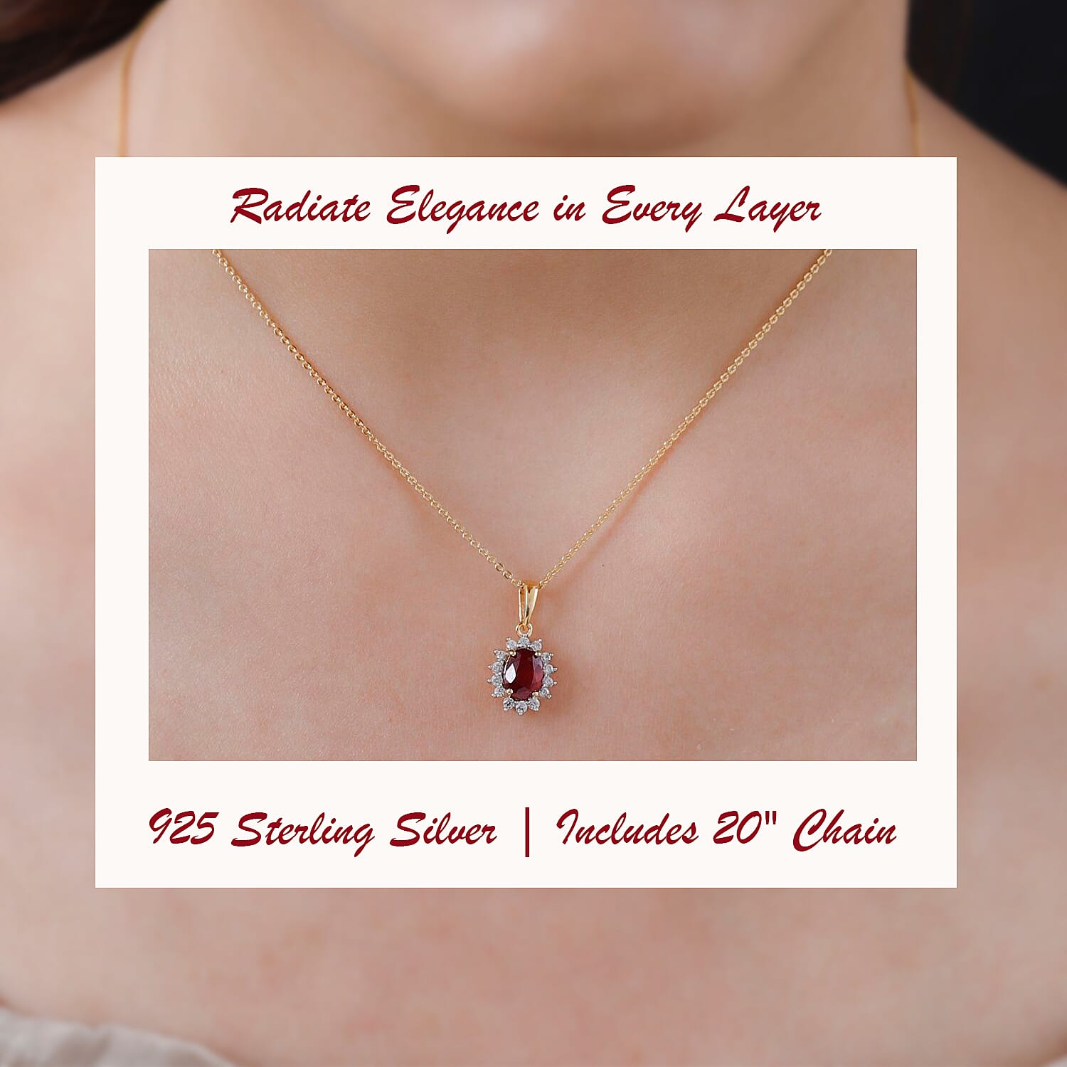 African Ruby (FF) and Natural Cambodian Zircon Pendant with Chain (Size -  20) in 18K Vermeil Yellow Gold Plated Sterling Silver 1.610 Ct.