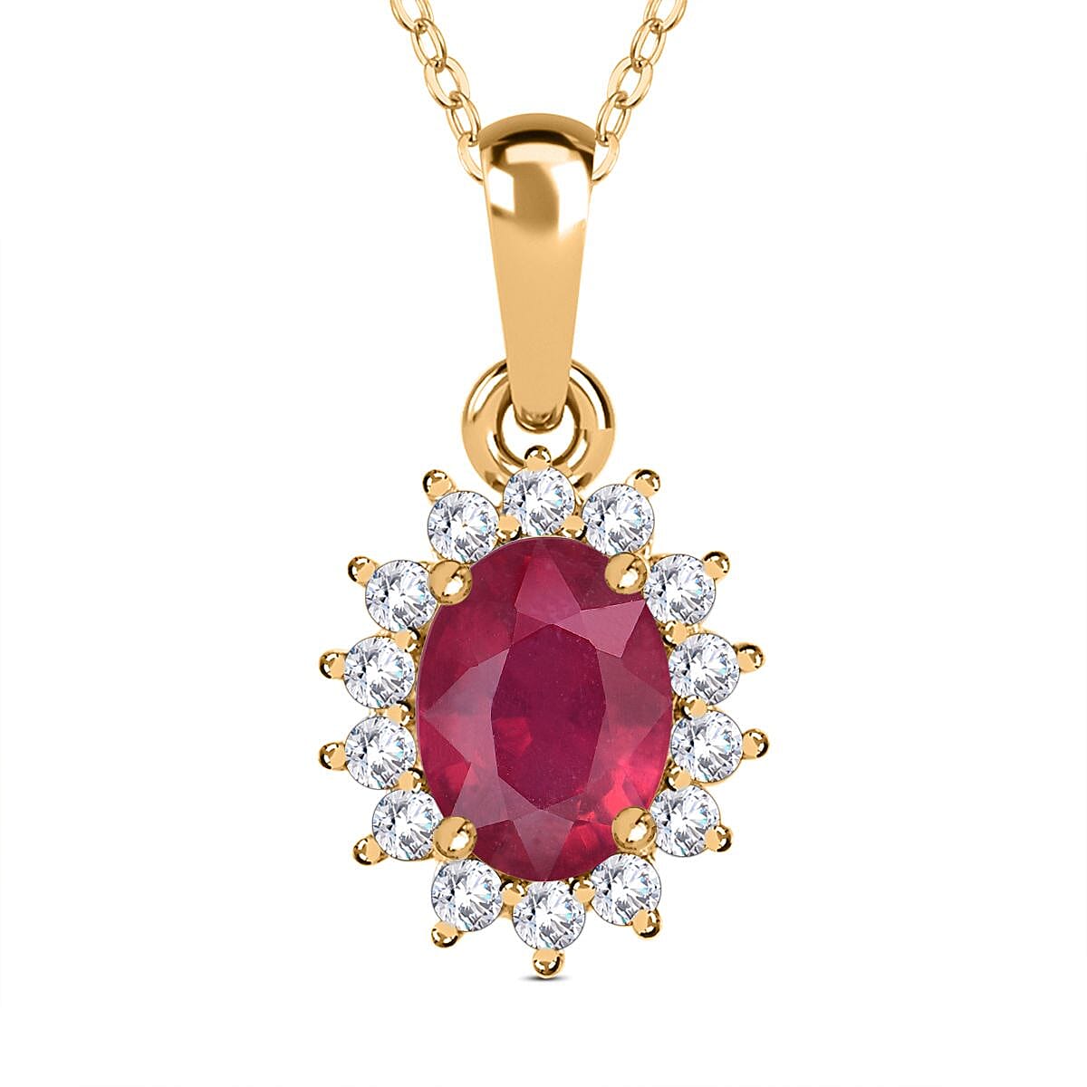 African Ruby (FF) and Natural Cambodian Zircon Pendant with Chain (Size - 20) in 18K Vermeil Yellow Gold Plated Sterling Silver 1.610 Ct. African Ruby (FF) and Natural Cambodian Zircon Pendant with Chain (Size - 20) in 18K Vermeil Yellow Gold Plated Sterling Silver 1.610 Ct.