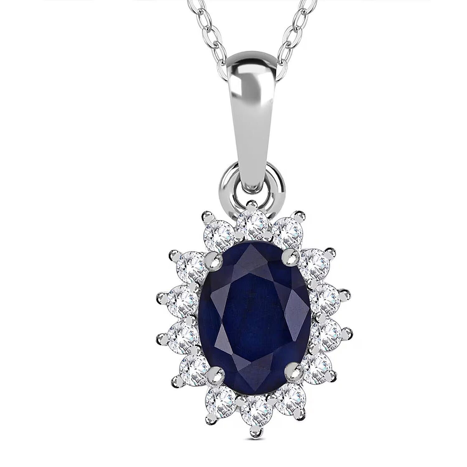 Masoala Sapphire and Natural Cambodian Zircon Halo Pendant with Chain (Size - 20) in Platinum Overlay Sterling Silver 1.35 Ct