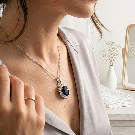 Masoala Sapphire and Natural Cambodian Zircon Halo Pendant with Chain (Size - 20) in Platinum Overlay Sterling Silver 1.35 Ct