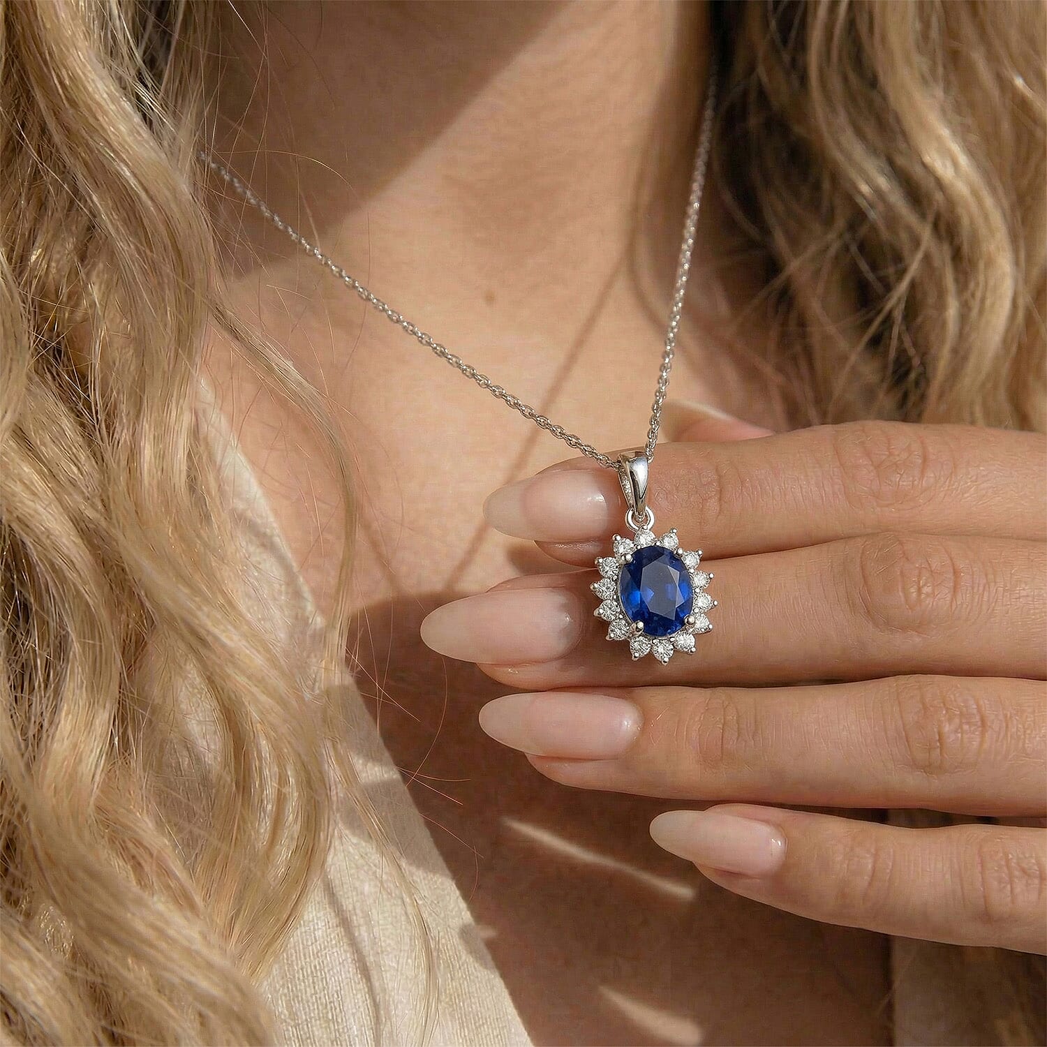 Masoala Sapphire and Natural Cambodian Zircon Halo Pendant with Chain (Size - 20) in Platinum Overlay Sterling Silver 1.35 Ct