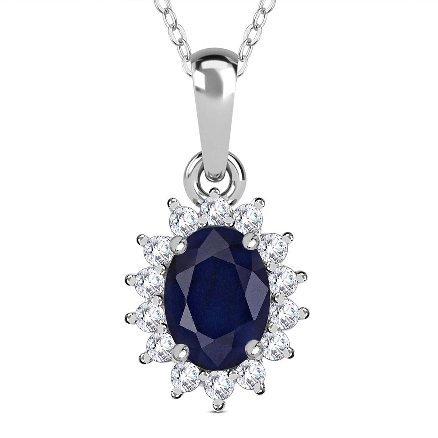 Masoala Sapphire and Natural Cambodian Zircon Halo Pendant with Chain (Size - 20) in Platinum Overlay Sterling Silver 1.35 Ct