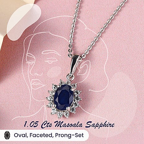 Masoala Sapphire and Natural Cambodian Zircon Halo Pendant with Chain (Size - 20) in Platinum Overlay Sterling Silver 1.35 Ct