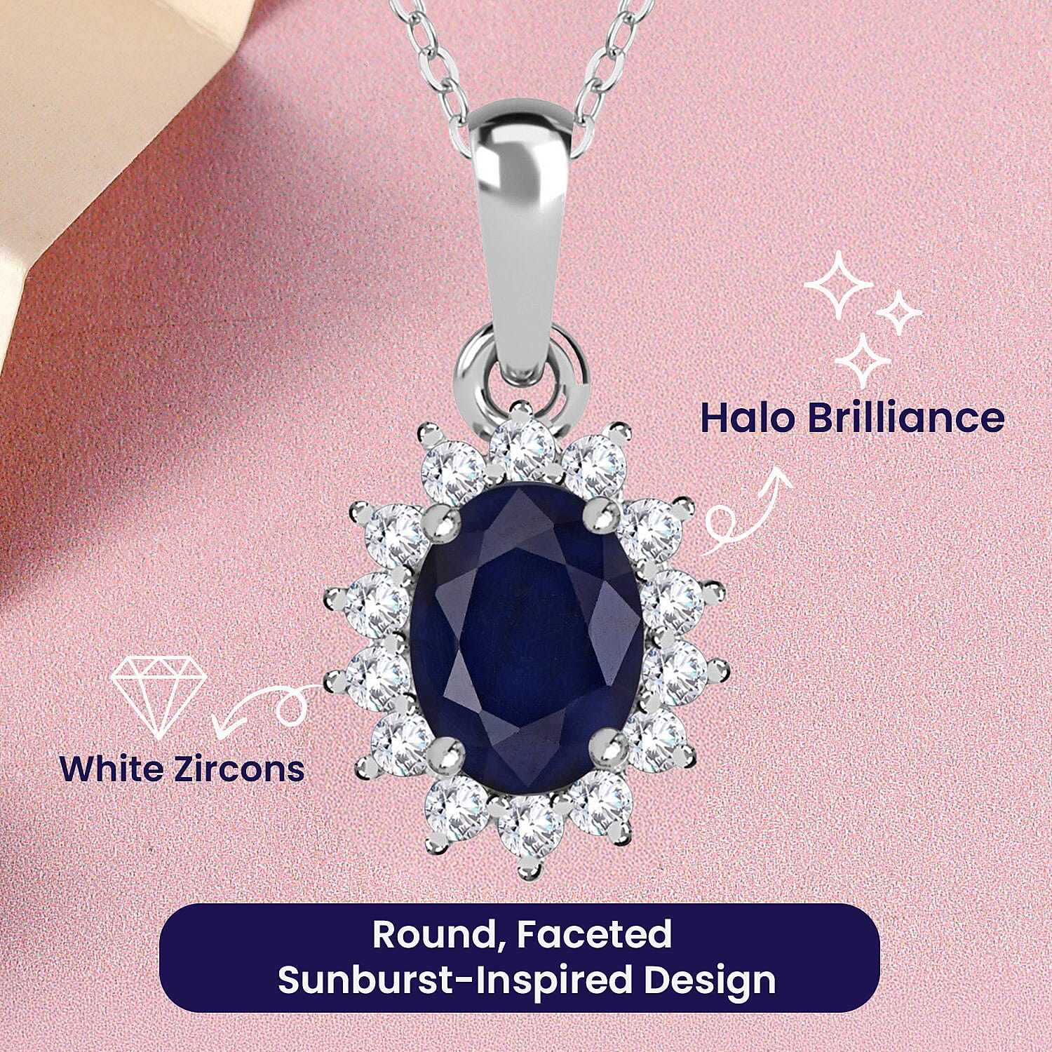 Masoala Sapphire and Natural Cambodian Zircon Halo Pendant with Chain (Size - 20) in Platinum Overlay Sterling Silver 1.35 Ct