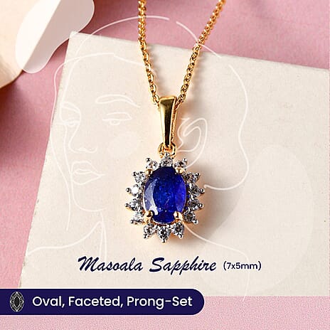 Masoala Sapphire and Natural Cambodian Zircon Halo Pendant with Chain (Size - 20) with Lobster Clasp in 18K Vermeil Yellow Gold Plated Sterling Silver 1.35  Ct.