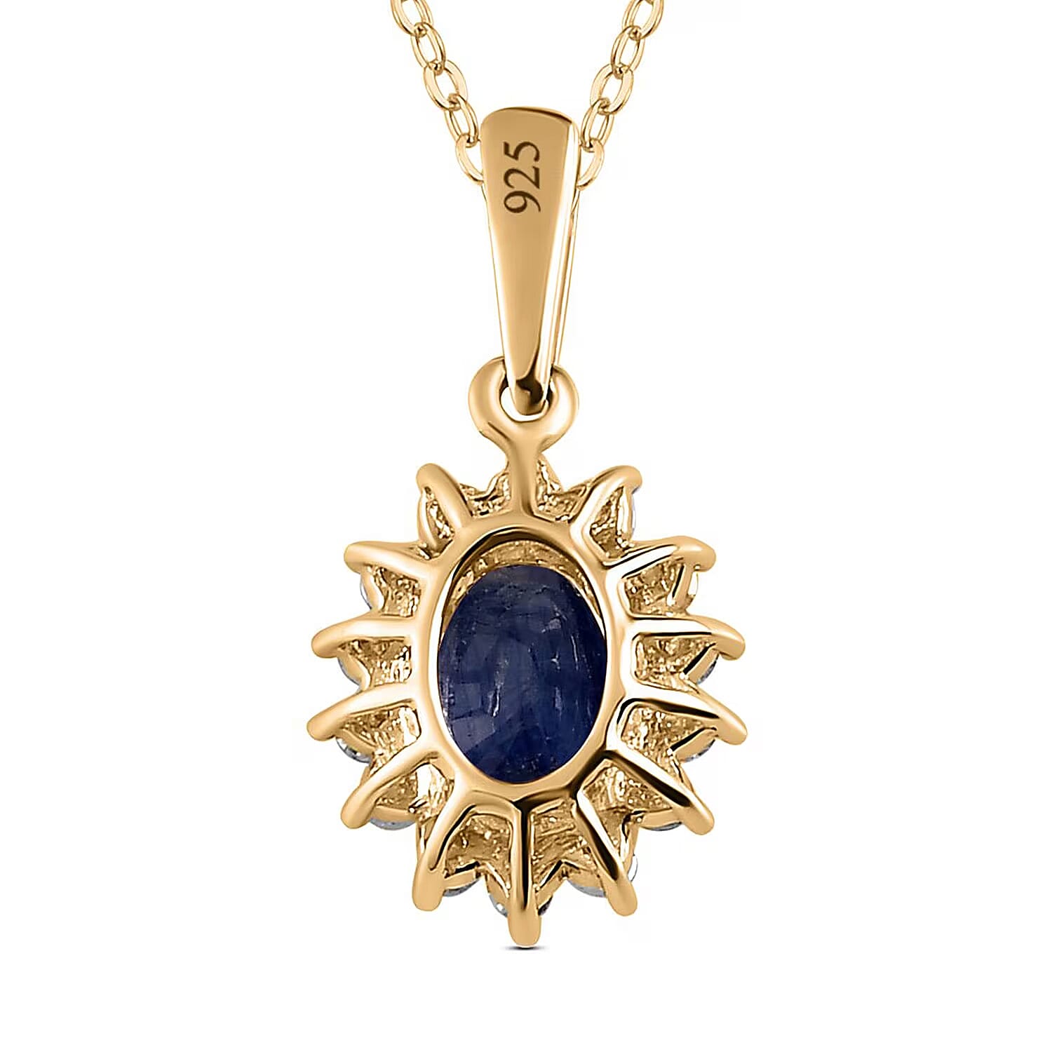 Masoala Sapphire and Natural Cambodian Zircon Halo Pendant with Chain (Size - 20) with Lobster Clasp in 18K Vermeil Yellow Gold Plated Sterling Silver 1.35  Ct.