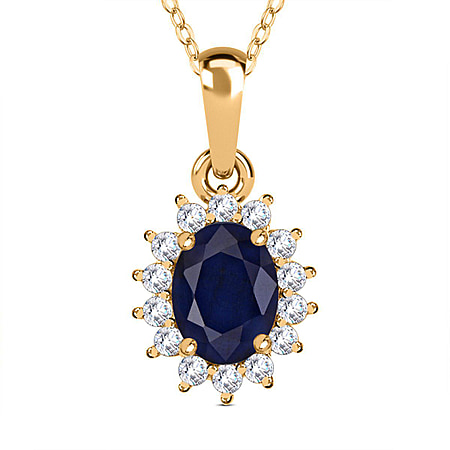 Masoala Sapphire and Natural Cambodian Zircon Halo Pendant with Chain (Size - 20) with Lobster Clasp in 18K Vermeil Yellow Gold Plated Sterling Silver 1.35  Ct.