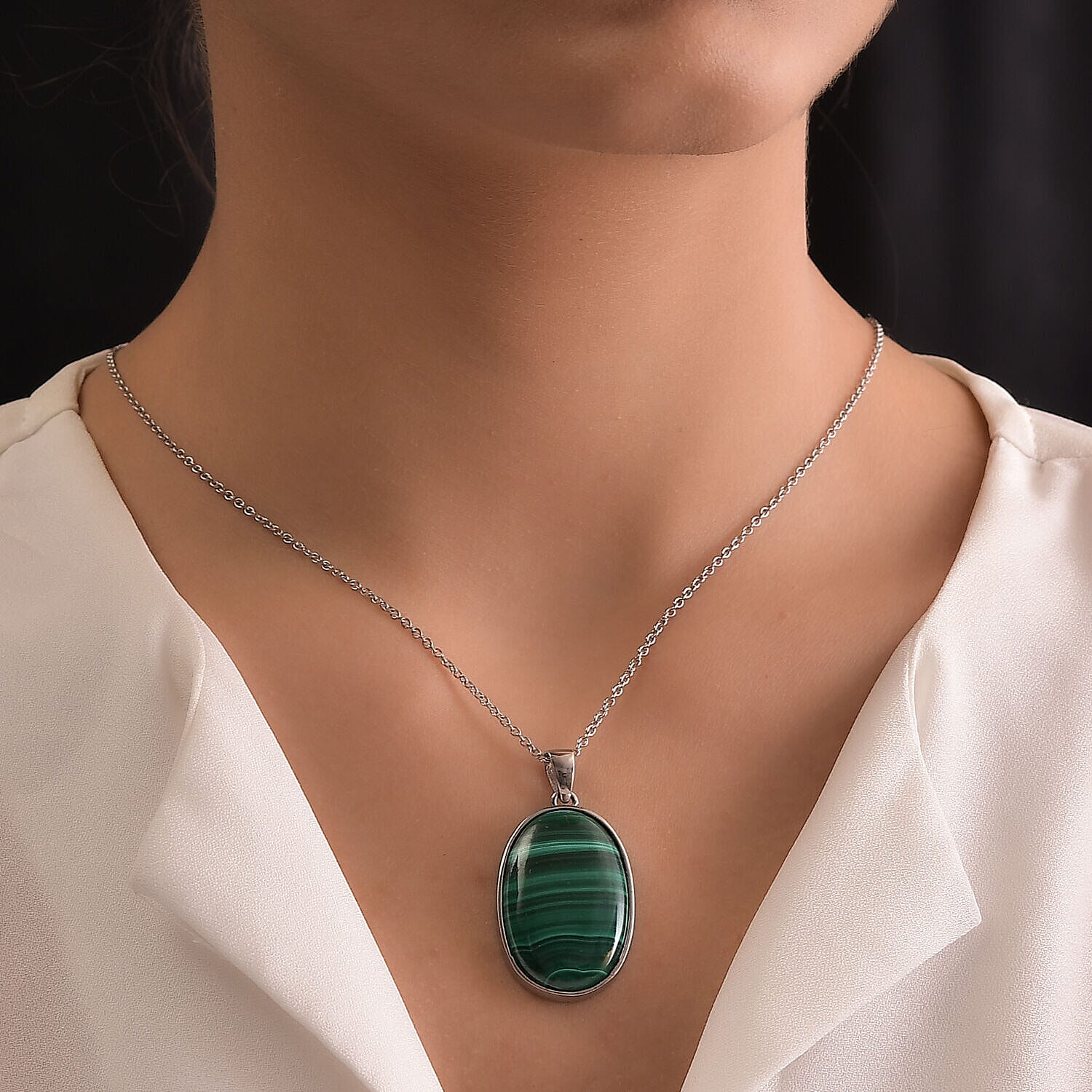Malachite Pendant with Chain (Size - 20) in Stainless Steel 28.50 Ct.