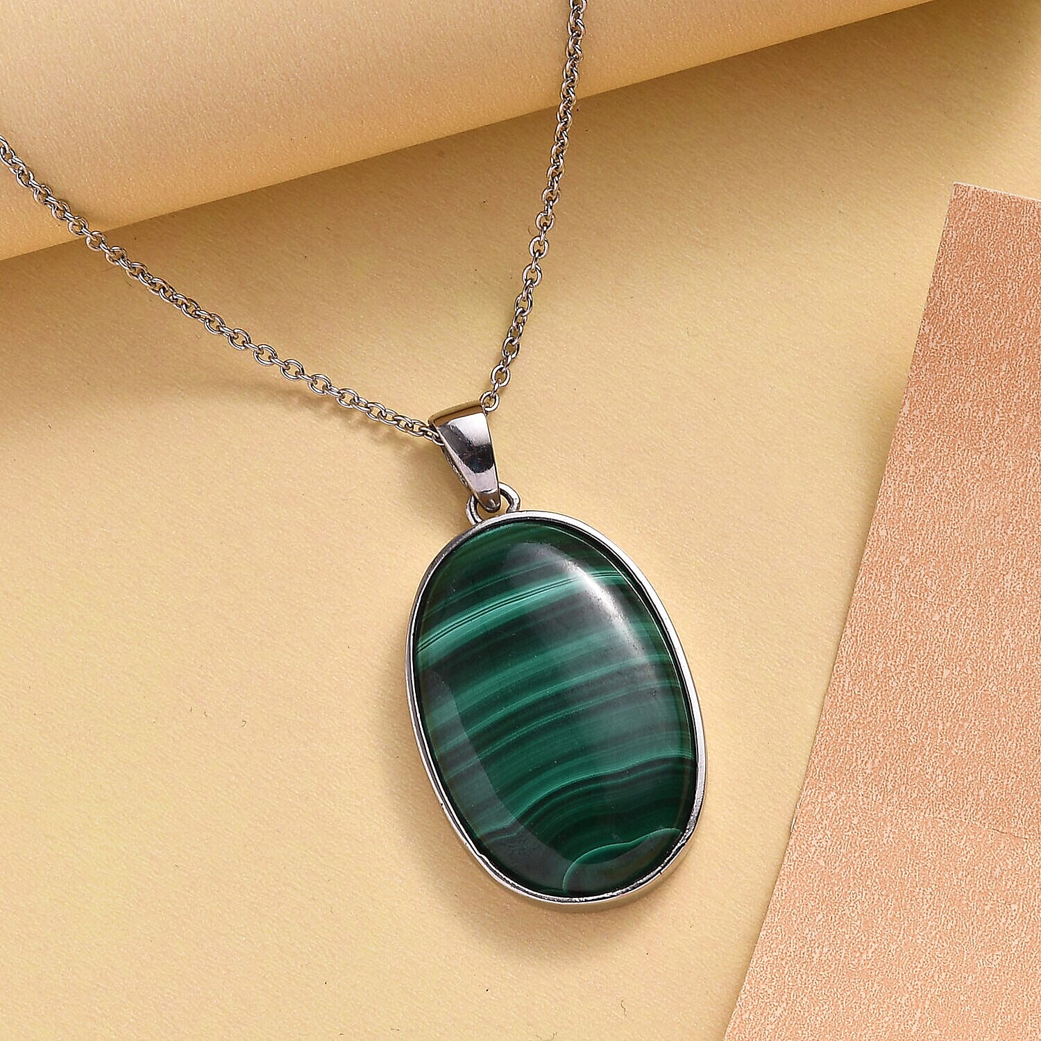 Malachite Pendant with Chain (Size - 20) in Stainless Steel 28.50 Ct.