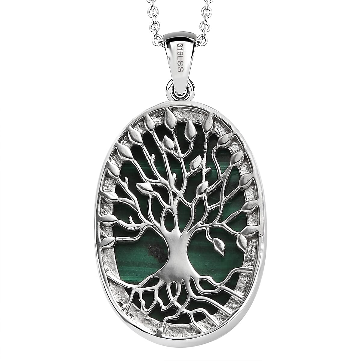 Malachite Pendant with Chain (Size - 20) in Stainless Steel 28.50 Ct.