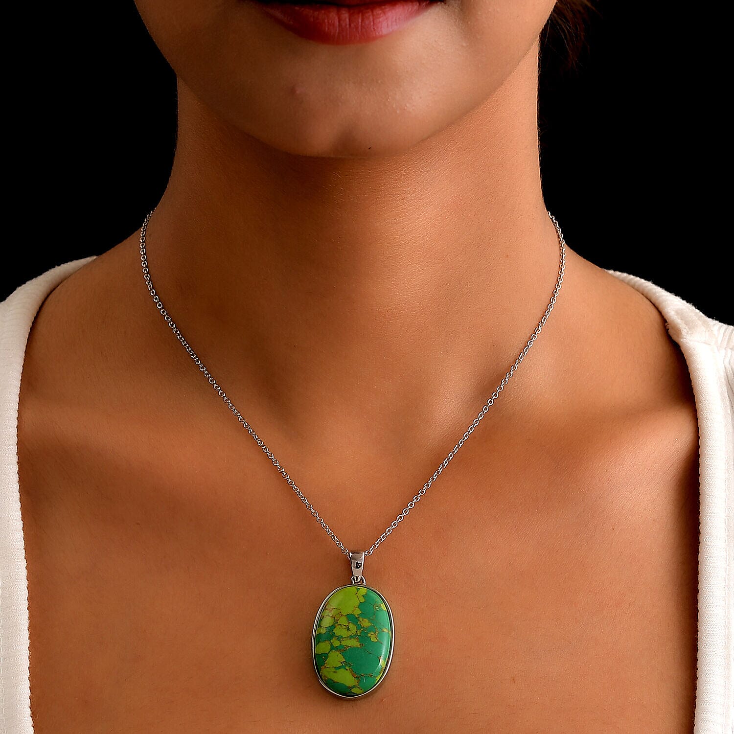 Green Mojave Turquoise Pendant with Free Chain (Size - 20) in Stainless Steel 28.500 Ct.