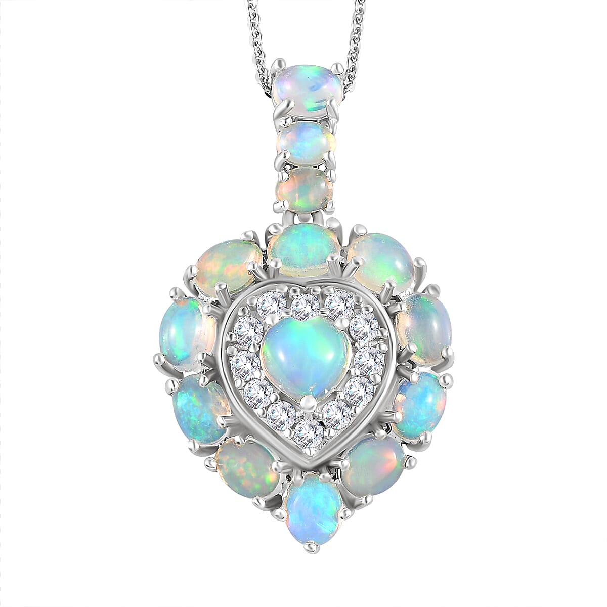 Ethiopian Welo Opal and Natural Cambodian Zircon Heart Pendant with Chain (Size 20) in Platinum Overlay Sterling Silver 4.22 Ct, Silver Wt. 5.60 Gms