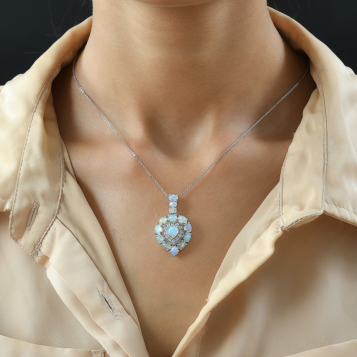 Ethiopian Welo Opal and Natural Cambodian Zircon Heart Pendant with Chain (Size 20) in Platinum Overlay Sterling Silver 4.22 Ct, Silver Wt. 5.60 Gms