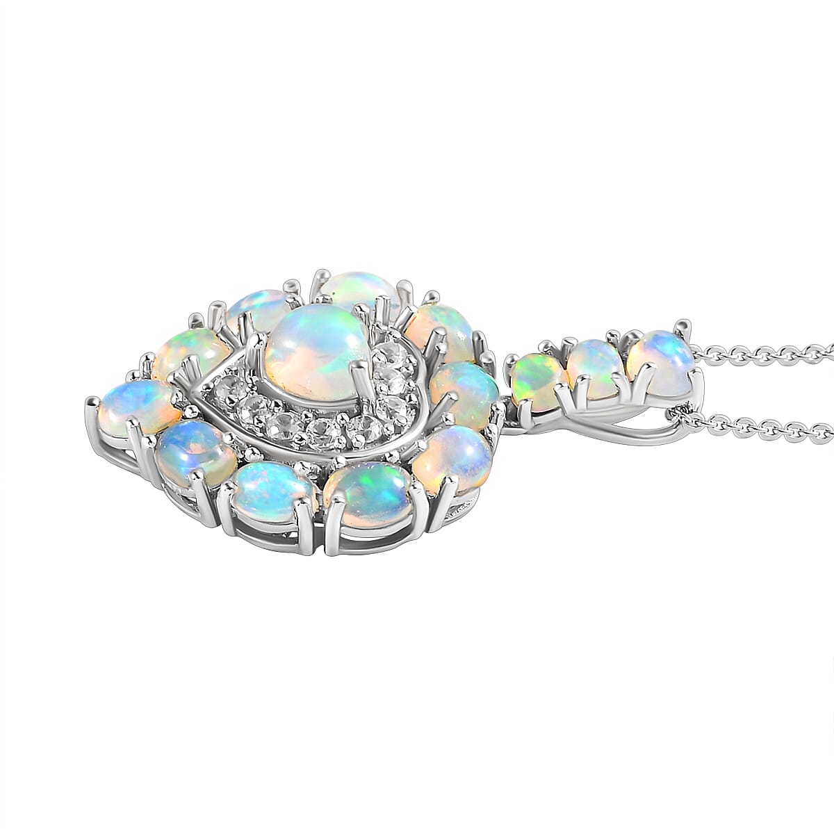 Ethiopian Welo Opal and Natural Cambodian Zircon Heart Pendant with Chain (Size 20) in Platinum Overlay Sterling Silver 4.22 Ct, Silver Wt. 5.60 Gms