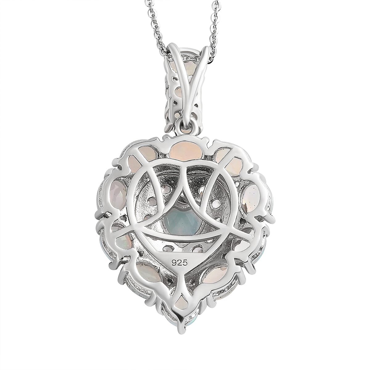Ethiopian Welo Opal and Natural Cambodian Zircon Heart Pendant with Chain (Size 20) in Platinum Overlay Sterling Silver 4.22 Ct, Silver Wt. 5.60 Gms