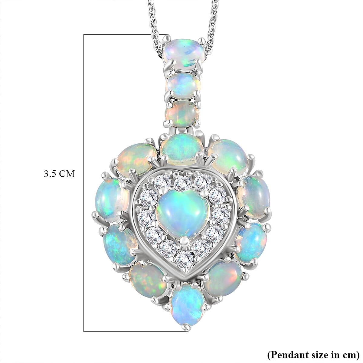 Ethiopian Welo Opal and Natural Cambodian Zircon Heart Pendant with Chain (Size 20) in Platinum Overlay Sterling Silver 4.22 Ct, Silver Wt. 5.60 Gms