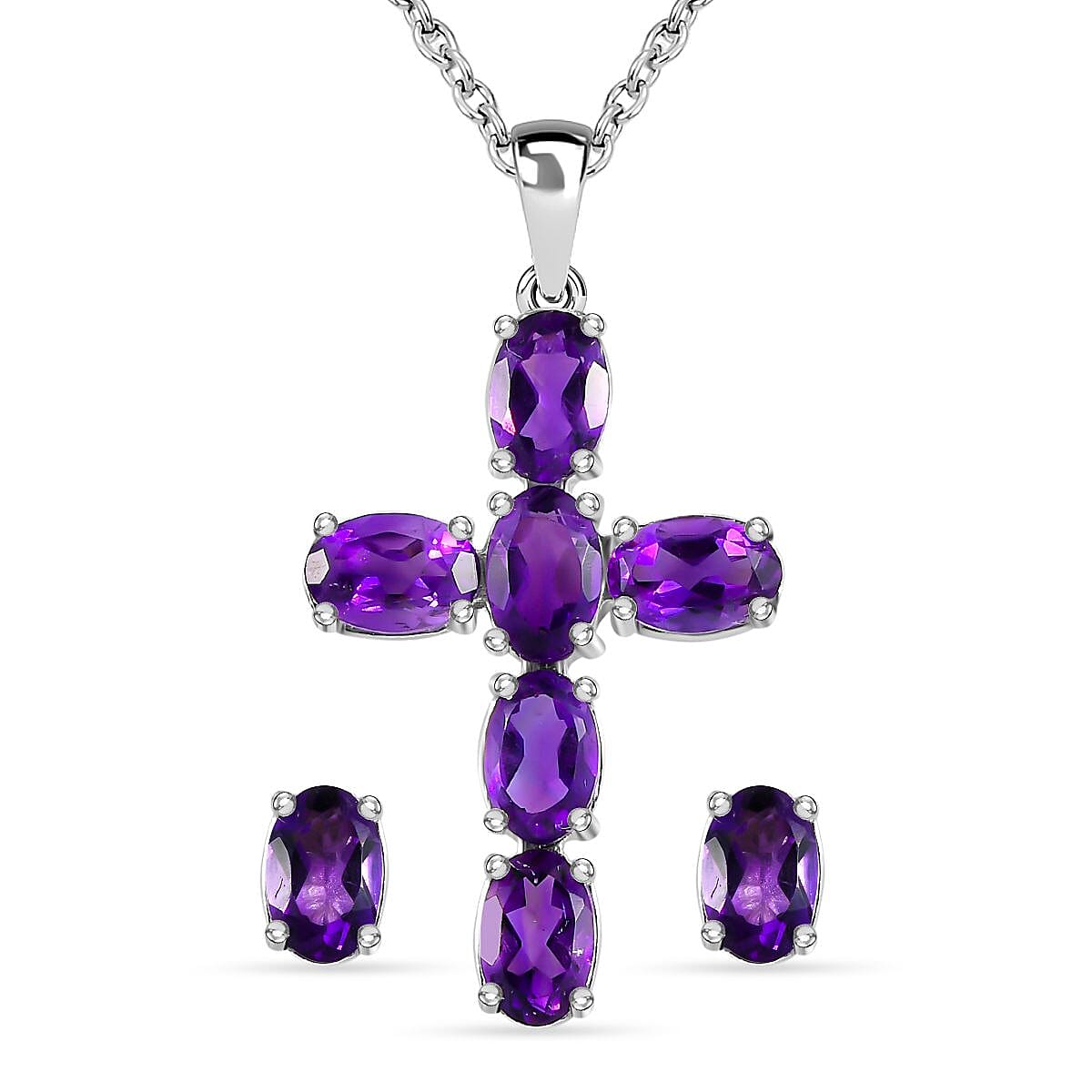 2 Piece Set - Amethyst Cross Pendant with Stainless Steel Chain (Size-20) and Stud Earrings in Sterling Silver 3.66 Ct