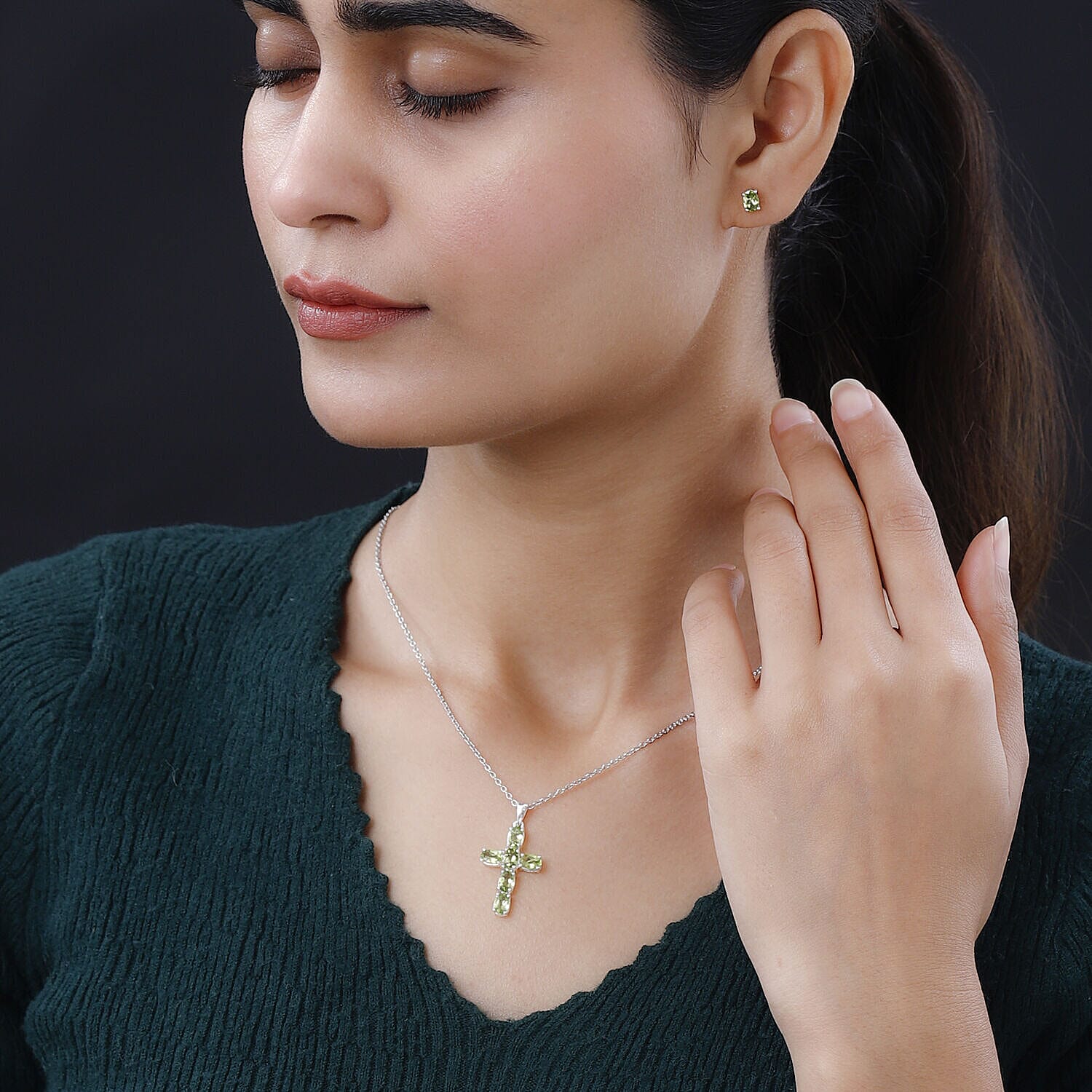 2 Piece Set - Hebei Peridot Cross Pendant with Chain and Stud Earrings in Sterling Silver