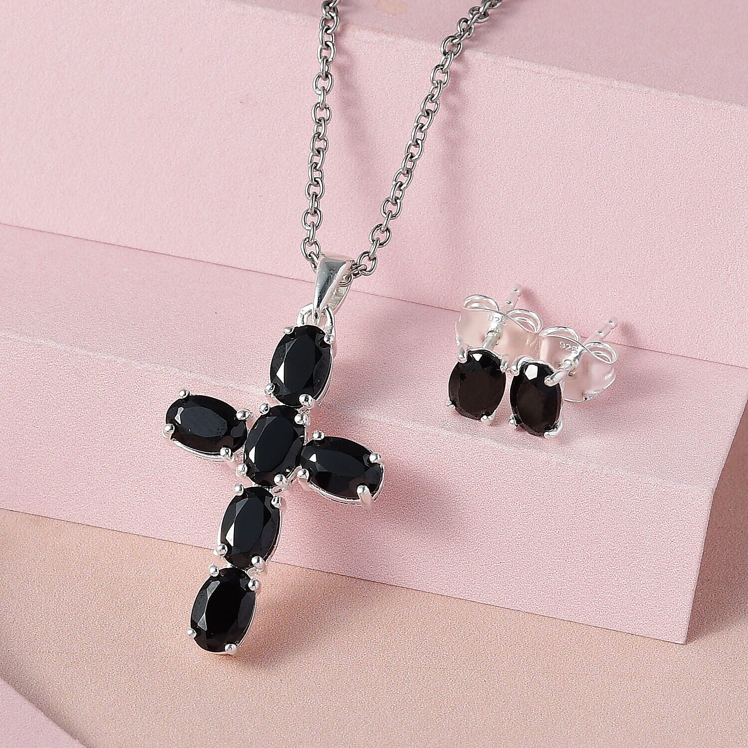 2 Piece Set - Boi Ploi Black Spinel Cross Pendant and Stud Earrings