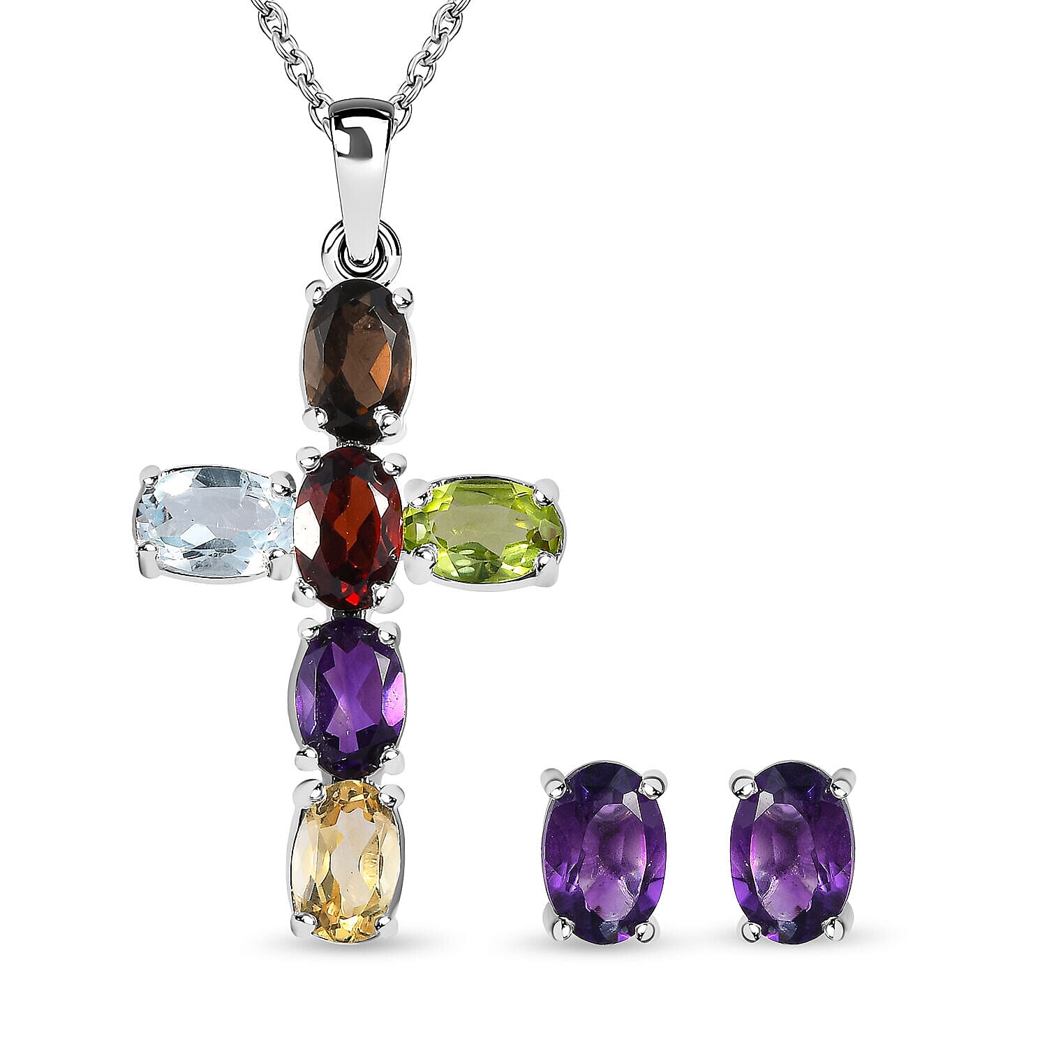 2 Piece Set - Multi Gemstone Cross Pendant with Chain (Size 20) and Stud Earrings in Sterling Silver 3.36 Ct