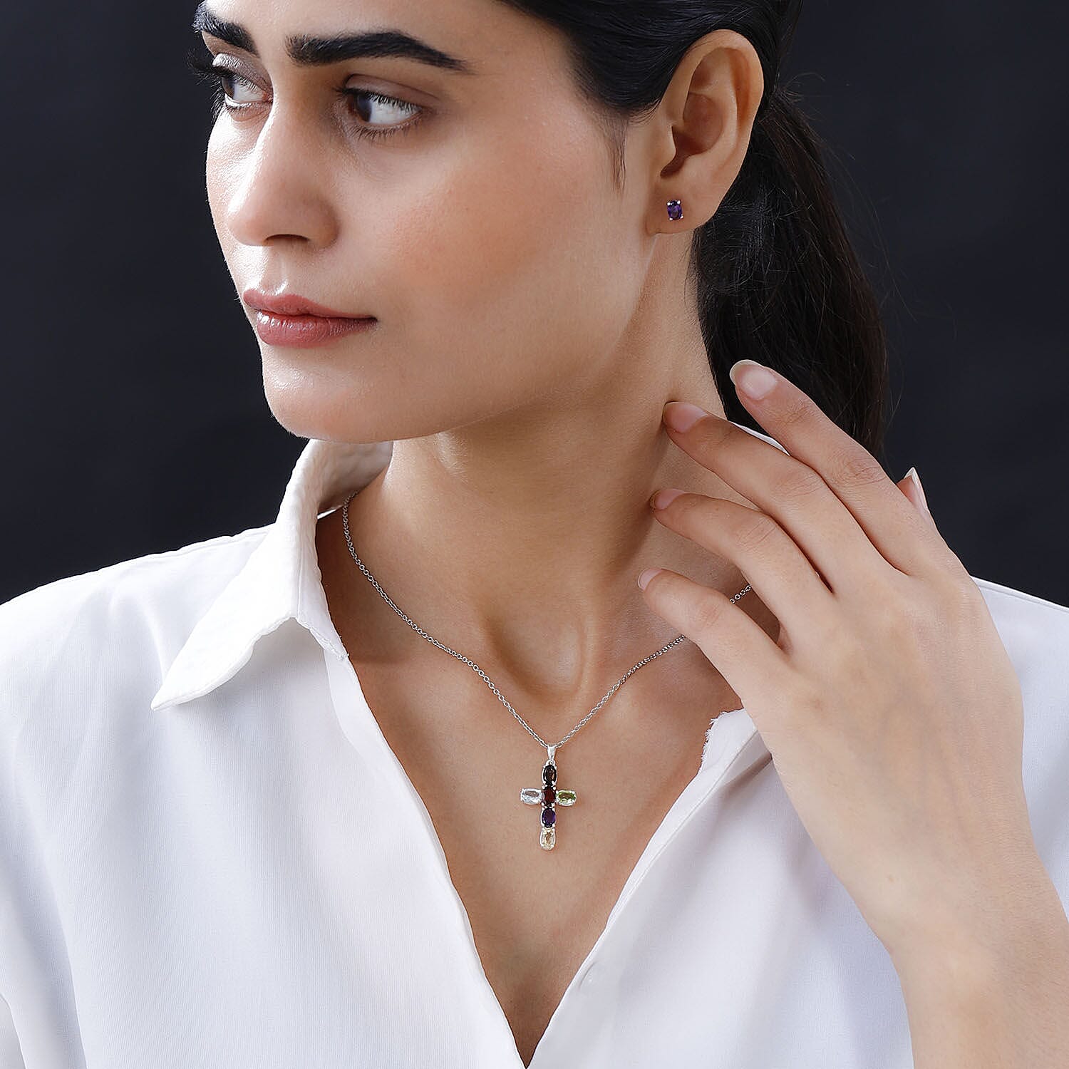 2 Piece Set - Multi Gemstone Cross Pendant with Chain (Size 20) and Stud Earrings in Sterling Silver 3.36 Ct