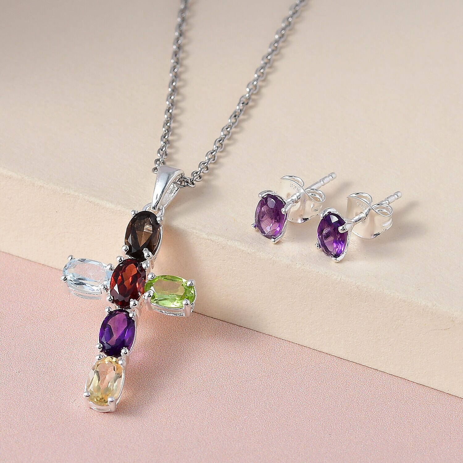 2 Piece Set - Multi Gemstone Cross Pendant with Chain (Size 20) and Stud Earrings in Sterling Silver 3.36 Ct
