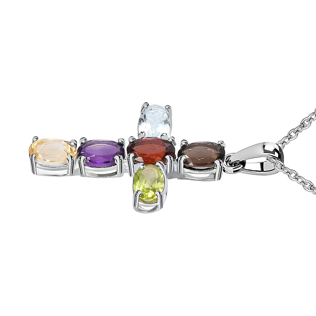 2 Piece Set - Multi Gemstone Cross Pendant with Chain (Size 20) and Stud Earrings in Sterling Silver 3.36 Ct