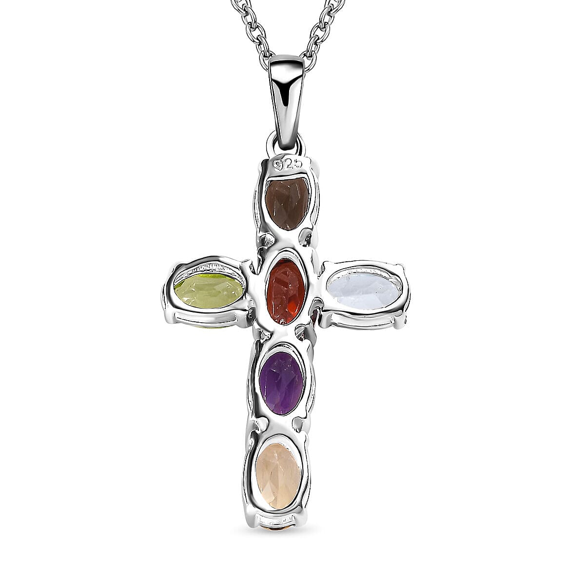 2 Piece Set - Multi Gemstone Cross Pendant with Chain (Size 20) and Stud Earrings in Sterling Silver 3.36 Ct