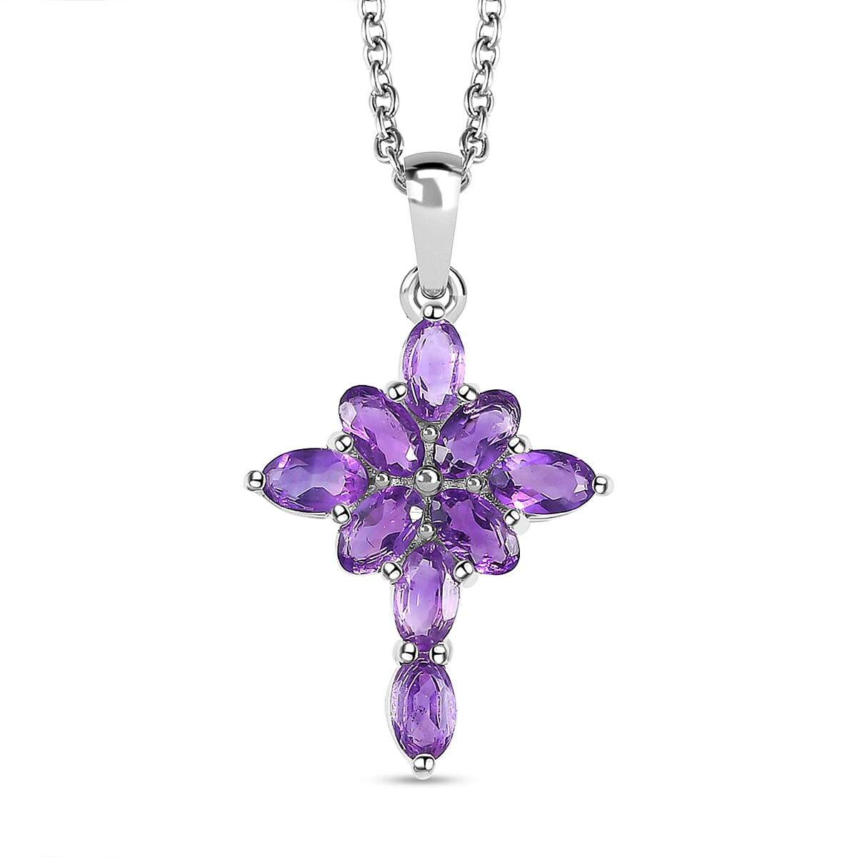 Amethyst Cross Pendant with Stainless Steel Chain (Size 20) in Sterling Silver 1.90 Ct
