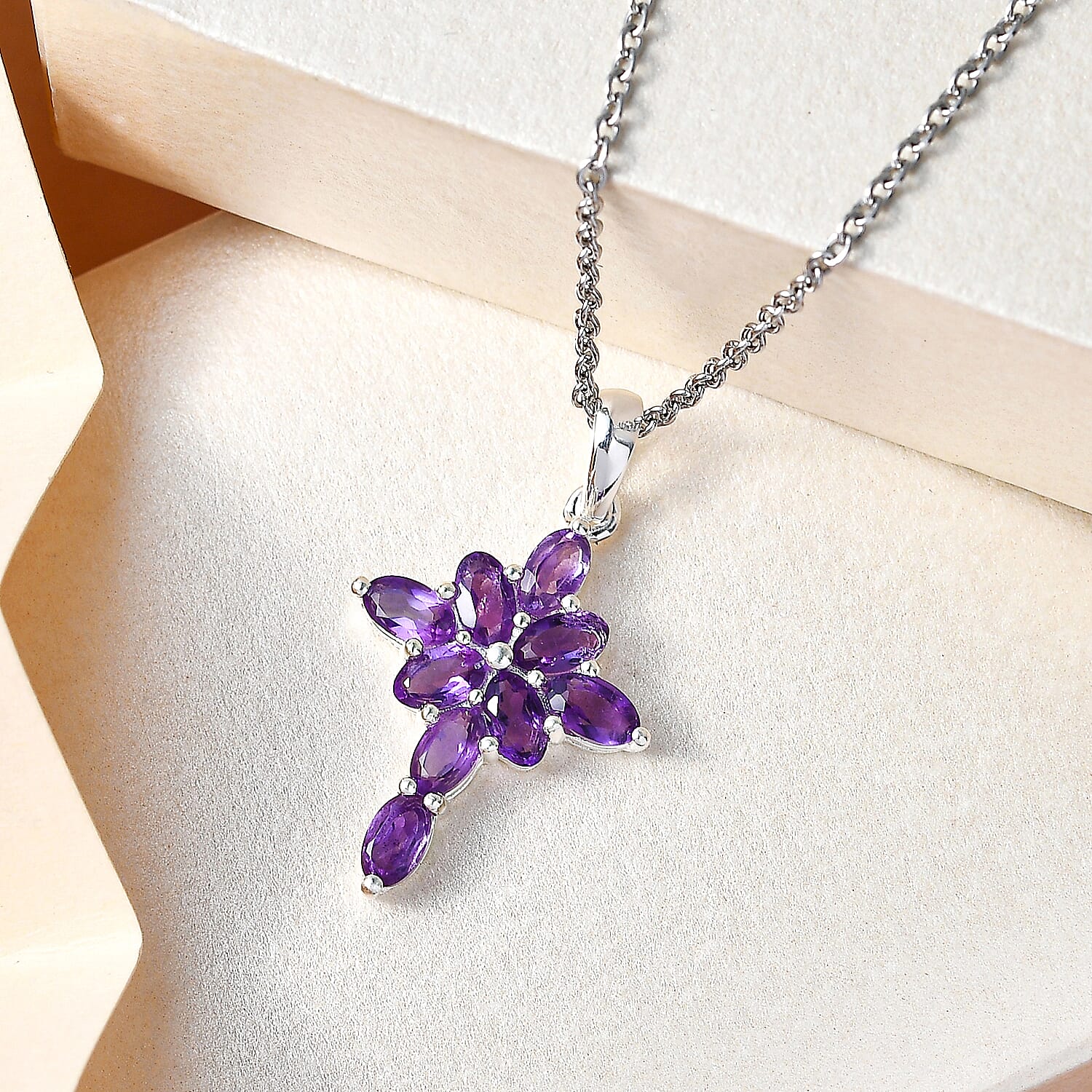 Amethyst Cross Pendant with Stainless Steel Chain (Size 20) in Sterling Silver 1.90 Ct