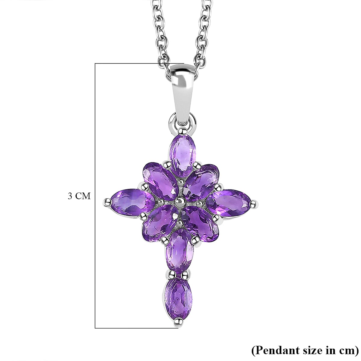Amethyst Cross Pendant with Stainless Steel Chain (Size 20) in Sterling Silver 1.90 Ct