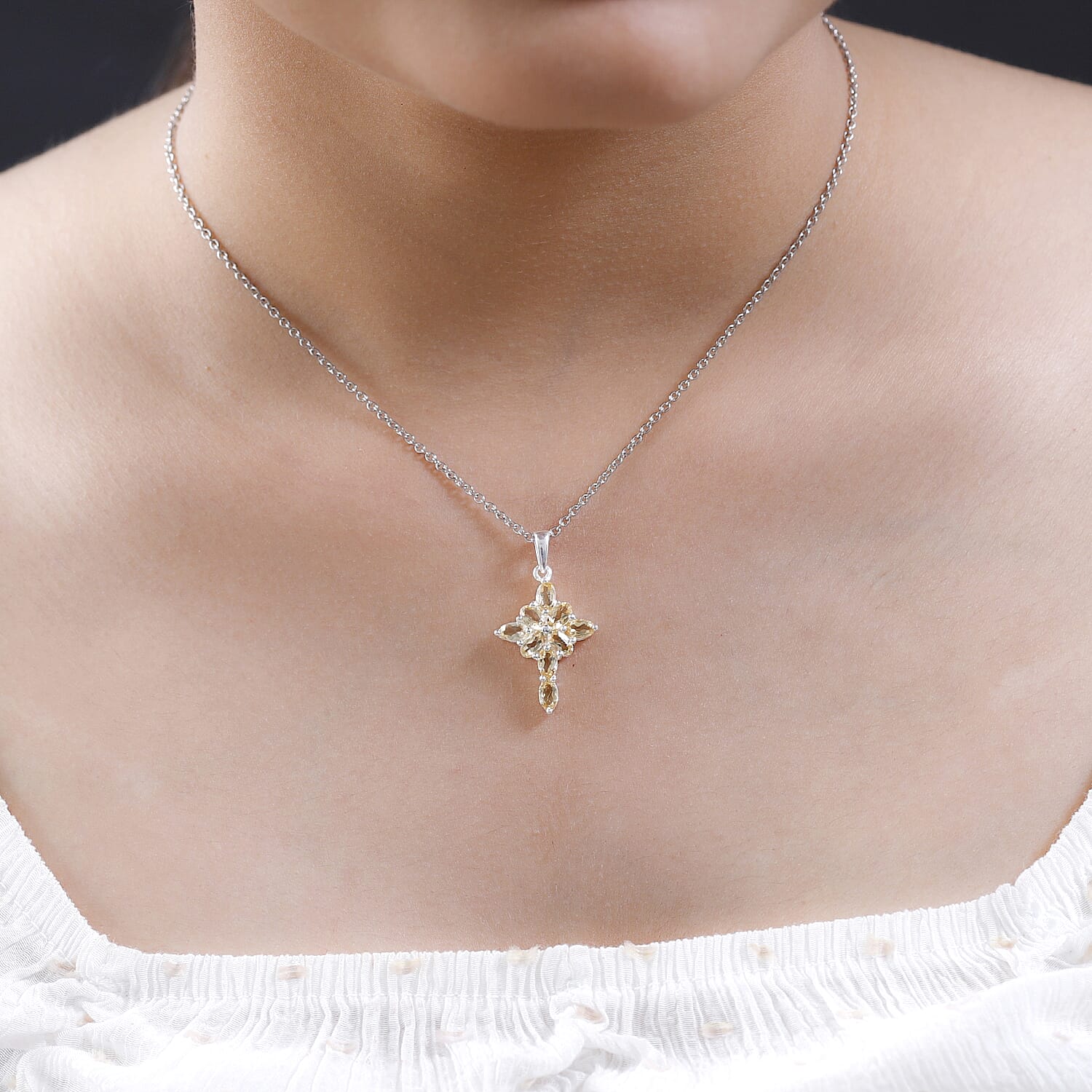 Citrine Cross Pendant with Stainless Steel Chain (Size 20) in Sterling Silver 1.91 Ct.