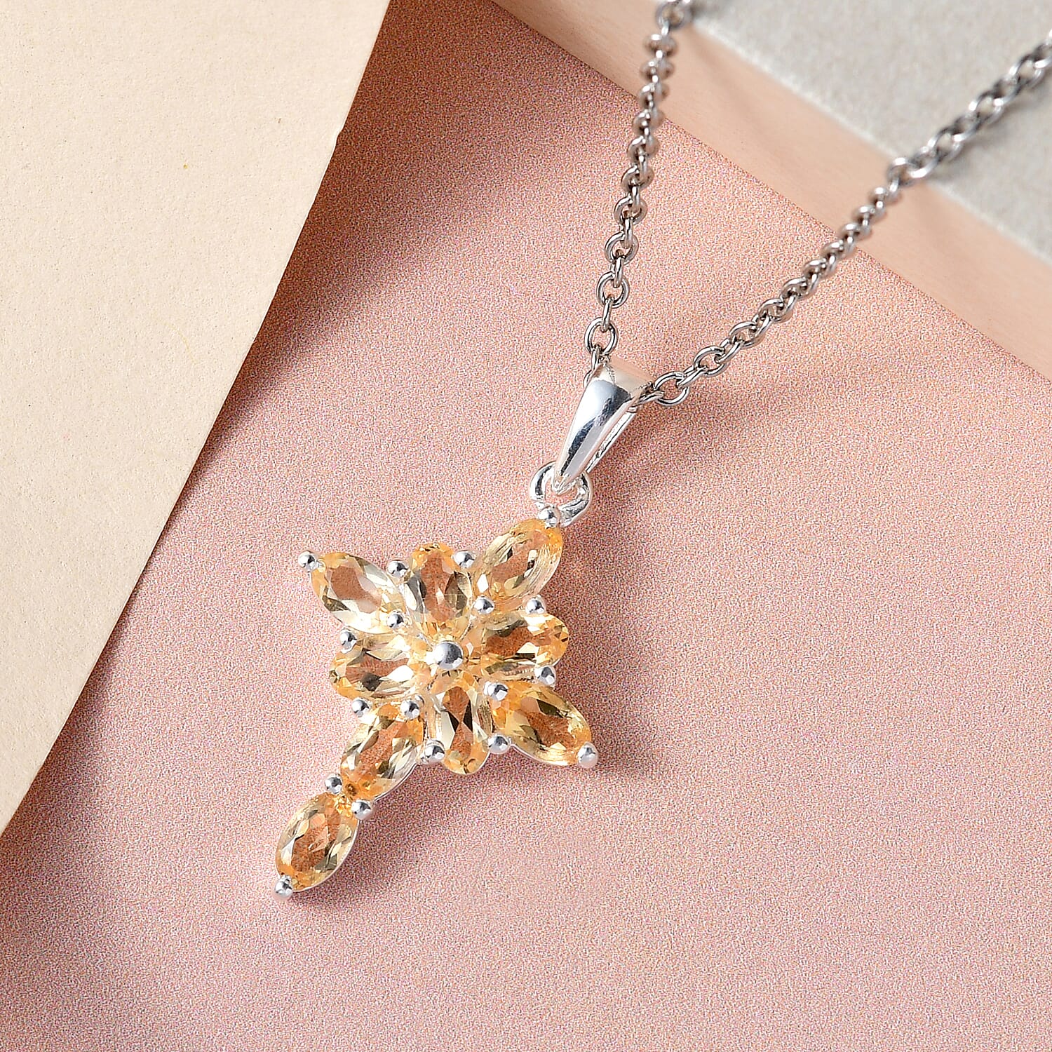 Citrine Cross Pendant with Stainless Steel Chain (Size 20) in Sterling Silver 1.91 Ct.